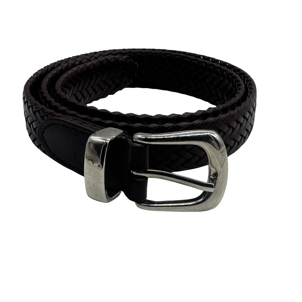 Dark Brown Woven Braided Bonded Leather Belt Silver Buckle Size Small 36